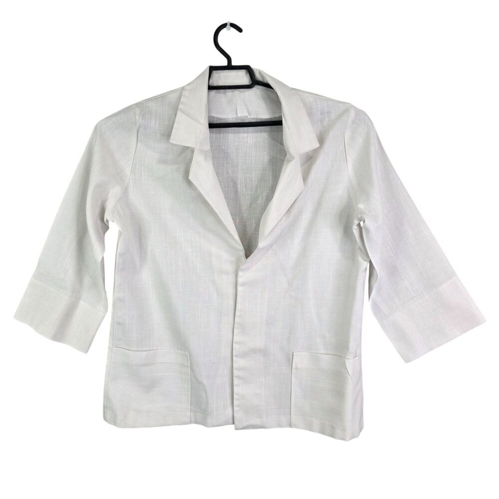 Womens White Open Front Linen Blazer Jacket 3/4 Sleeve Pockets Size XL